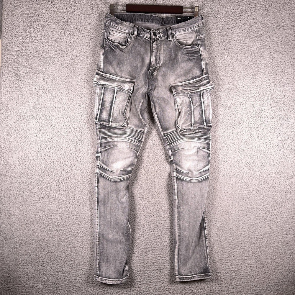 Smoke Rise Cargo Moto Jeans Mens 34x32 Fits 32x29 Gray Wash Stretch Denim Biker